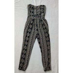 Hollister Jumpsuit Black And Beige Boho Elastic Shirred Bodice Strapless Small